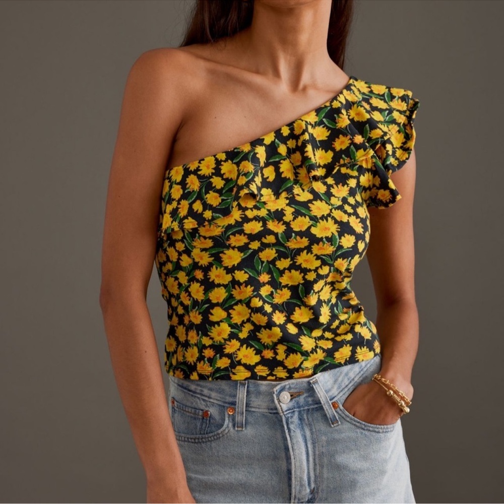 Anthropologie Yellow Floral One-Shoulder Ruffle Top
